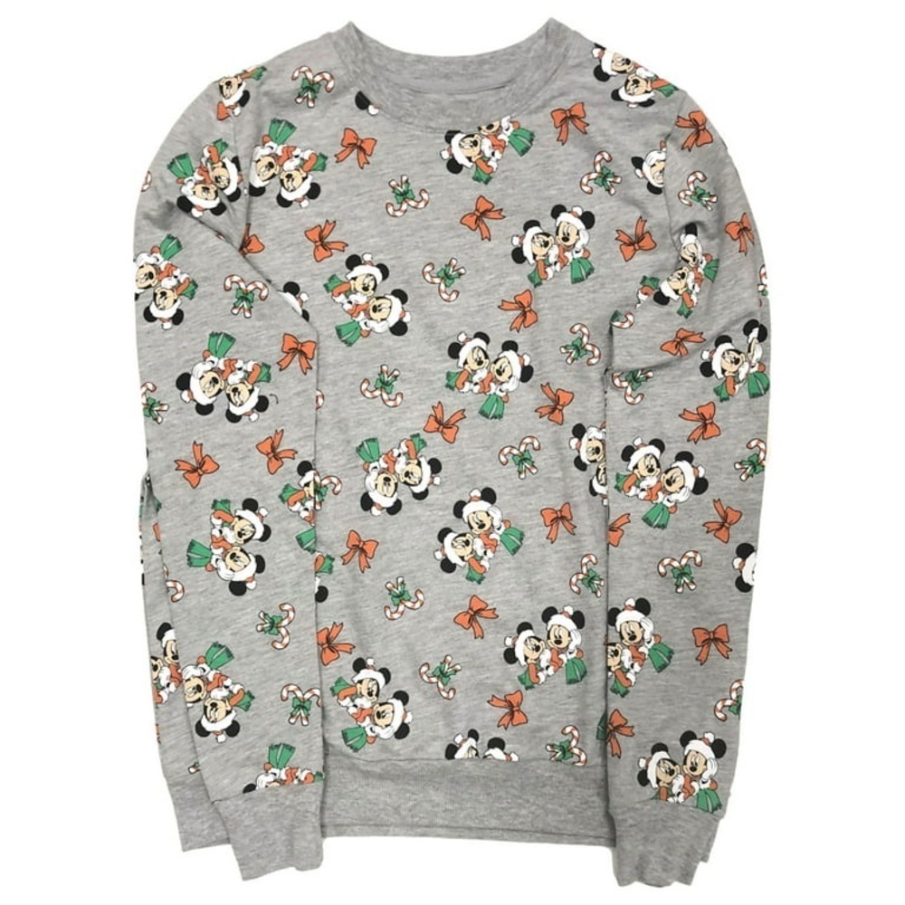 Disney Junior Womens Gray Mickey Mouse & Minnie Holiday Sweatshirt Top